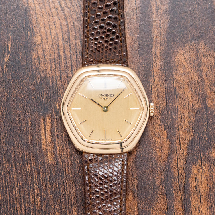 1976 Longines Gold Plated Stepped Hexagon 5047-2 34mm