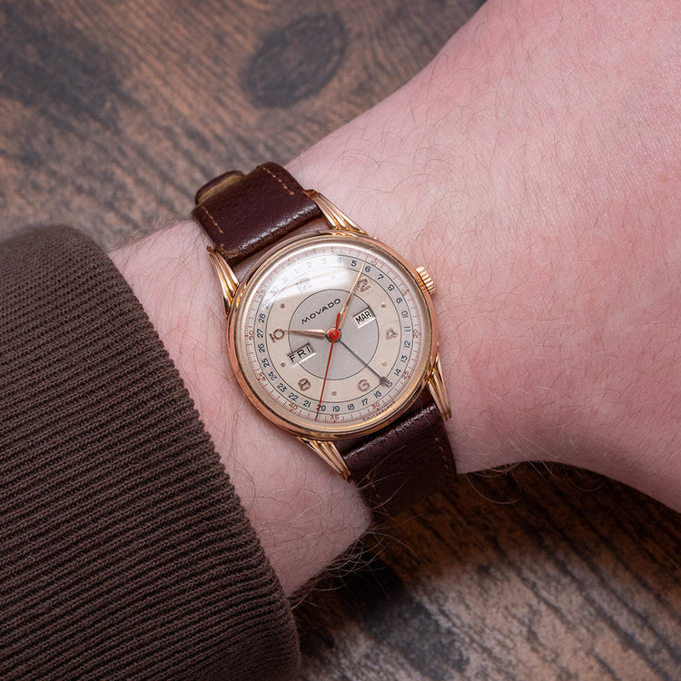 1950s Movado 18ct Pink Gold Triple Calendar Fancy Lugs