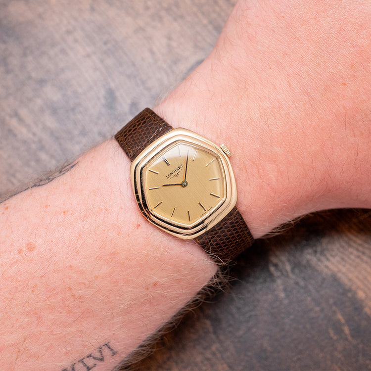 1976 Longines Gold Plated Stepped Hexagon 5047-2 34mm