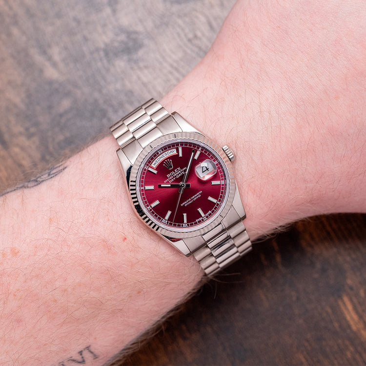 2003 Rolex Day-Date 36mm White Gold 118239 Cherry Red Dial