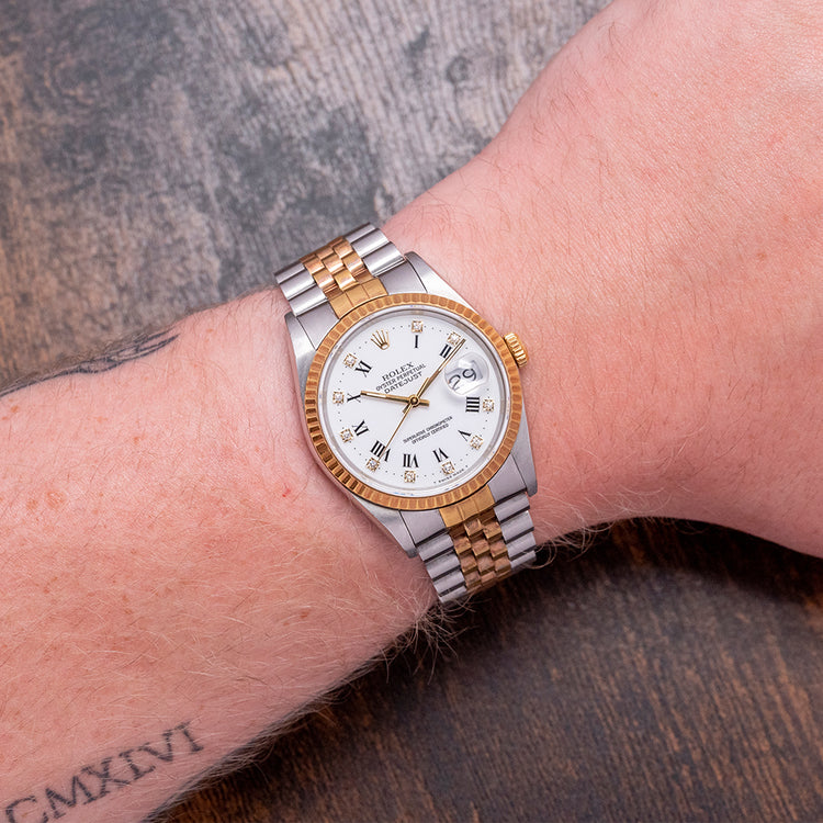 1991 Rolex Datejust 36mm White Roman 'Buckley' Diamond Dial 16233