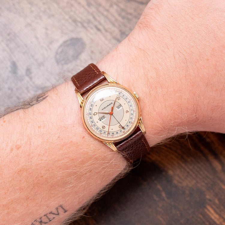 1950s Movado 18ct Pink Gold Triple Calendar Fancy Lugs 34mm