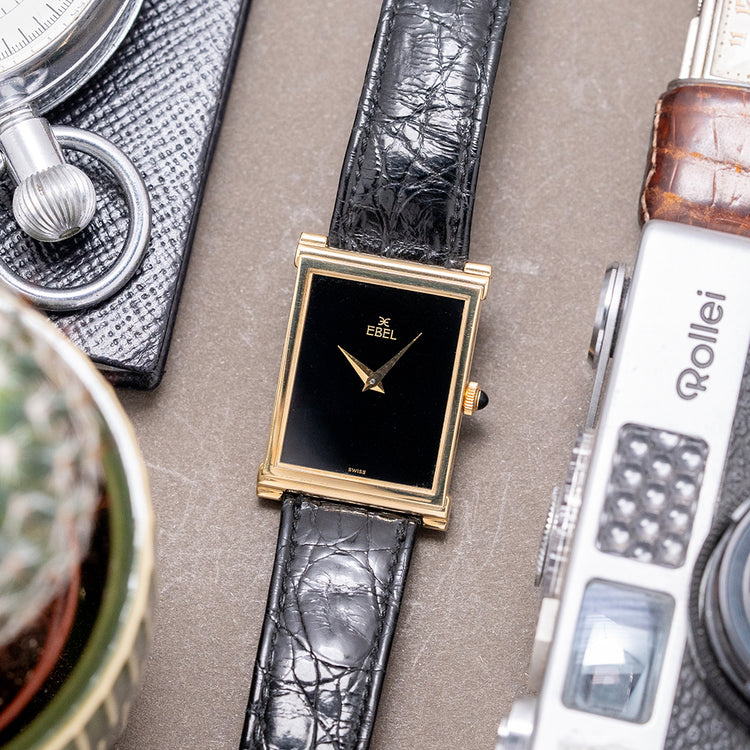 1970s Ebel 18ct Yellow Gold Black Dial 25x36mm 'Tank'