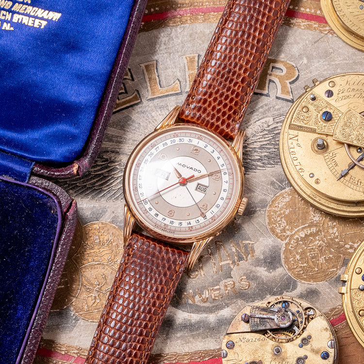 1950s Movado 18ct Pink Gold Triple Calendar Fancy Lugs 34mm