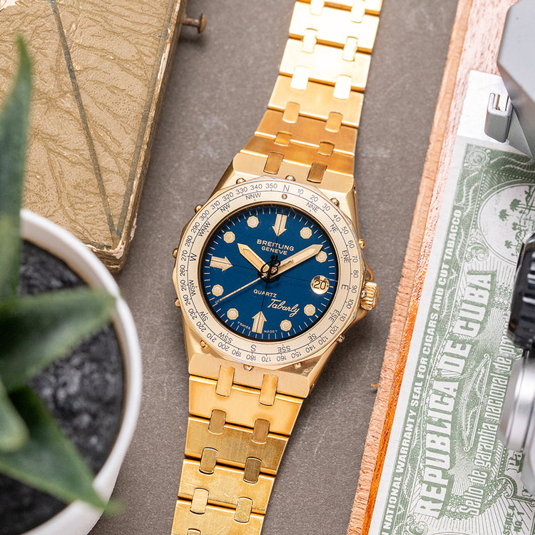 1980s Breitling Tabarly Blue Dial Full Gold Plated on Bracelet 35mm