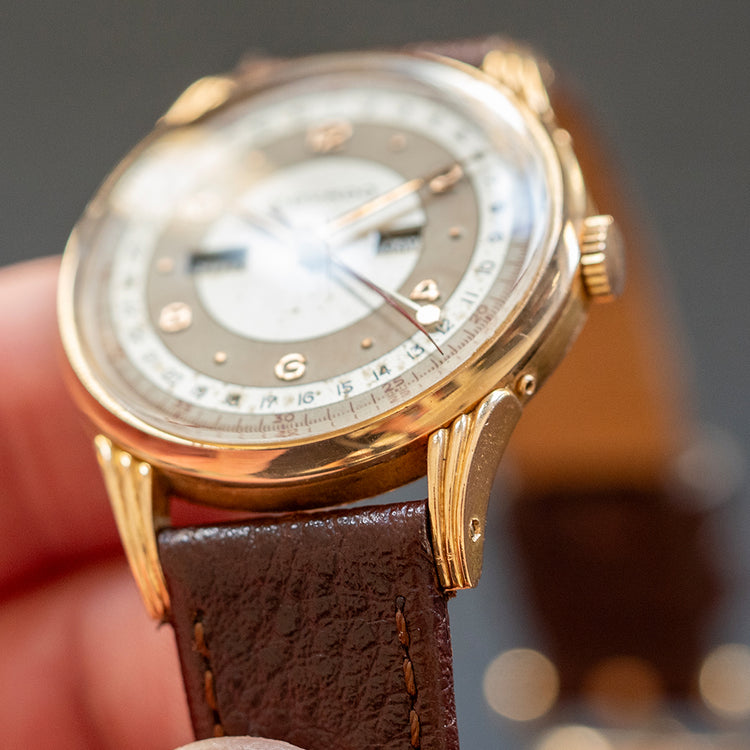 1950s Movado 18ct Pink Gold Triple Calendar Fancy Lugs 34mm - vault