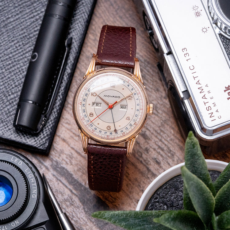 1950s Movado 18ct Pink Gold Triple Calendar Fancy Lugs