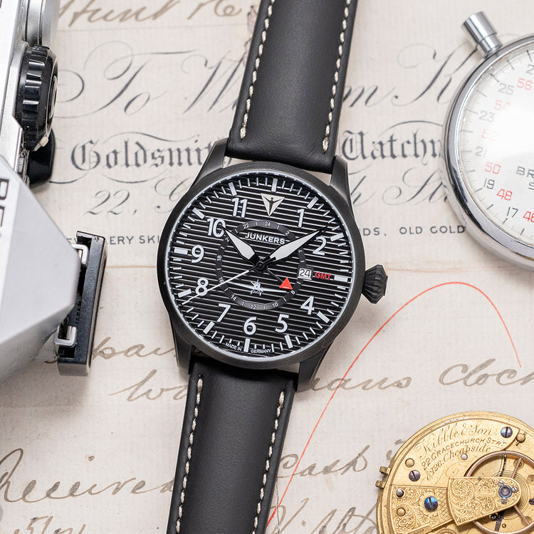 2026 Junkers Flieger GMT Black Quartz 42mm on Strap