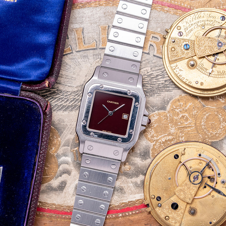 1980s Cartier Santos Carrée Burgundy Lacquer Dial 2960