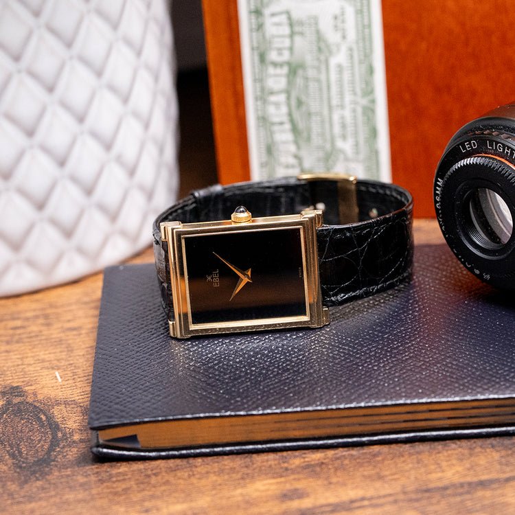 1970s Ebel 18ct Yellow Gold Black Dial 25x36mm 'Tank'