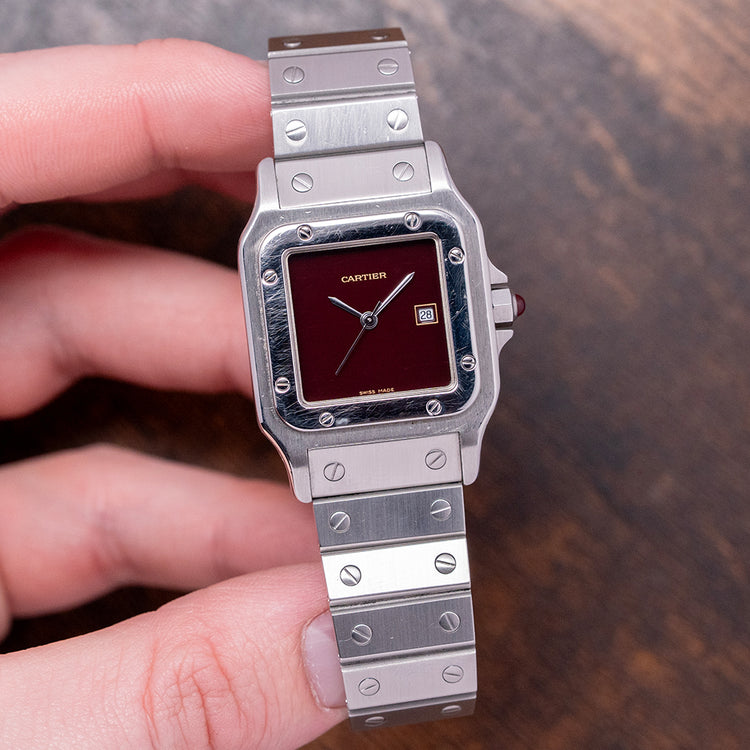 1980s Cartier Santos Carrée Burgundy Lacquer Dial 2960