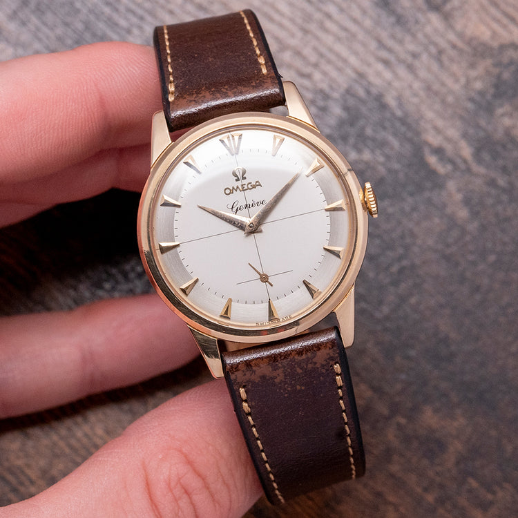 1962 Omega Geneve 9ct Gold Crosshair 34mm 13332 Box & Papers