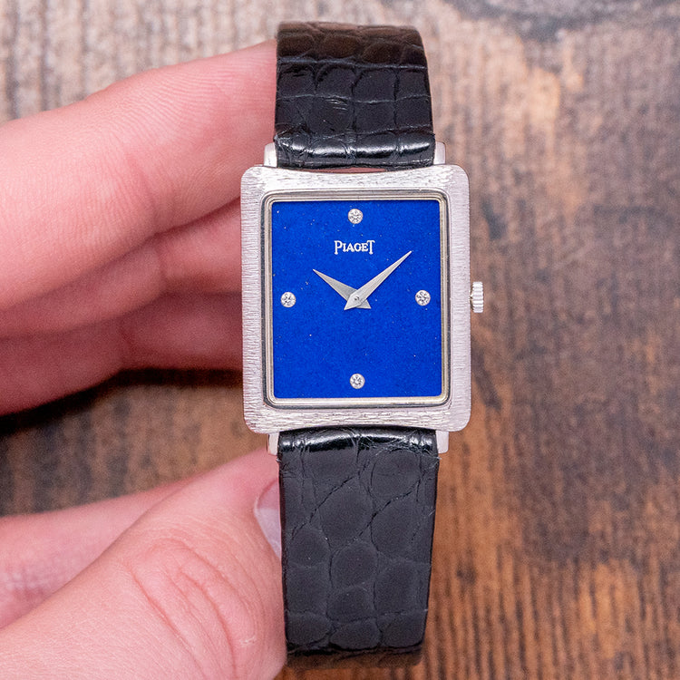 1980s Piaget 18ct White Bark Case Lapis & Diamond Dial
