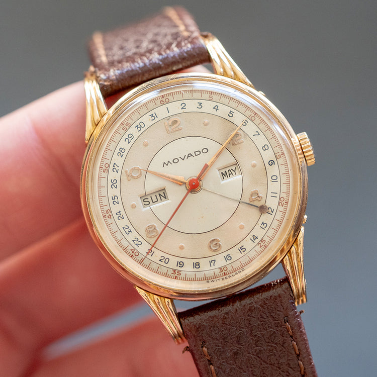 1950s Movado 18ct Pink Gold Triple Calendar Fancy Lugs 34mm - vault