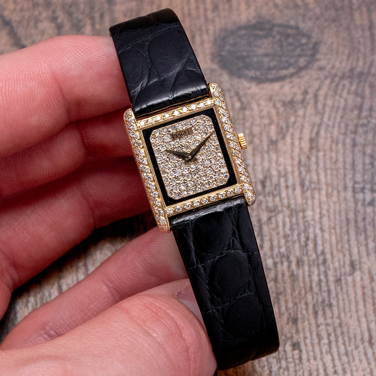 1979 Piaget Classique Yellow Gold Onyx Diamonds 40825 20x25mm