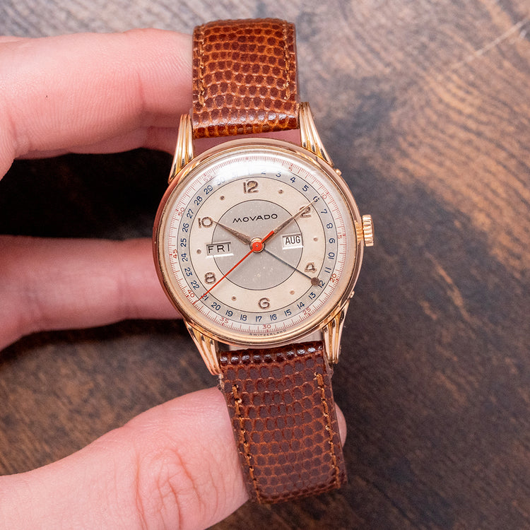 1950s Movado 18ct Pink Gold Triple Calendar Fancy Lugs 34mm