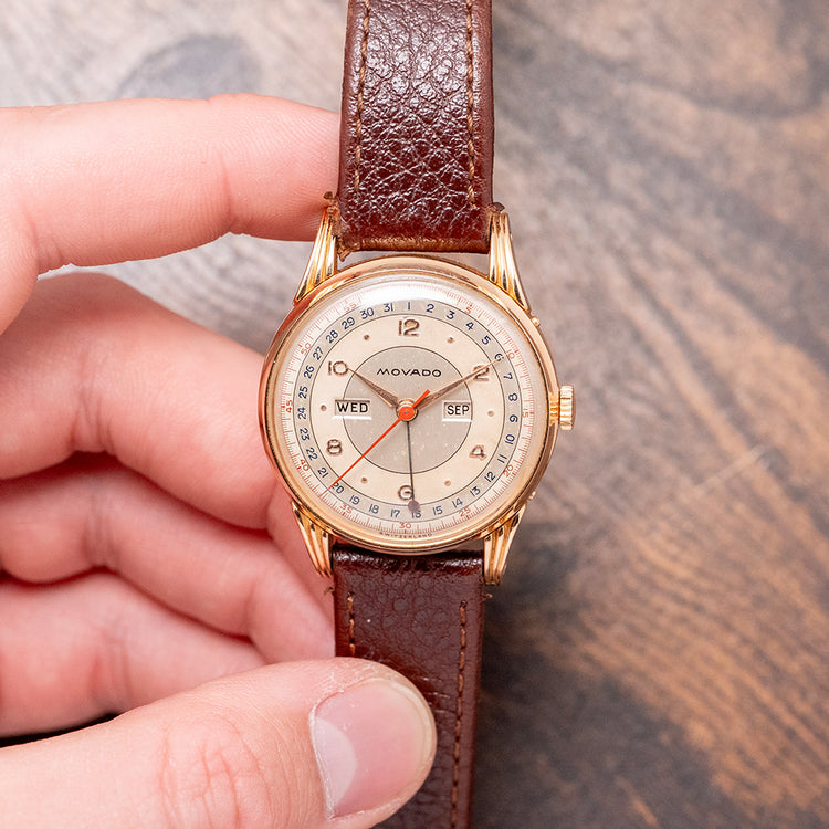 1950s Movado 18ct Pink Gold Triple Calendar Fancy Lugs 34mm