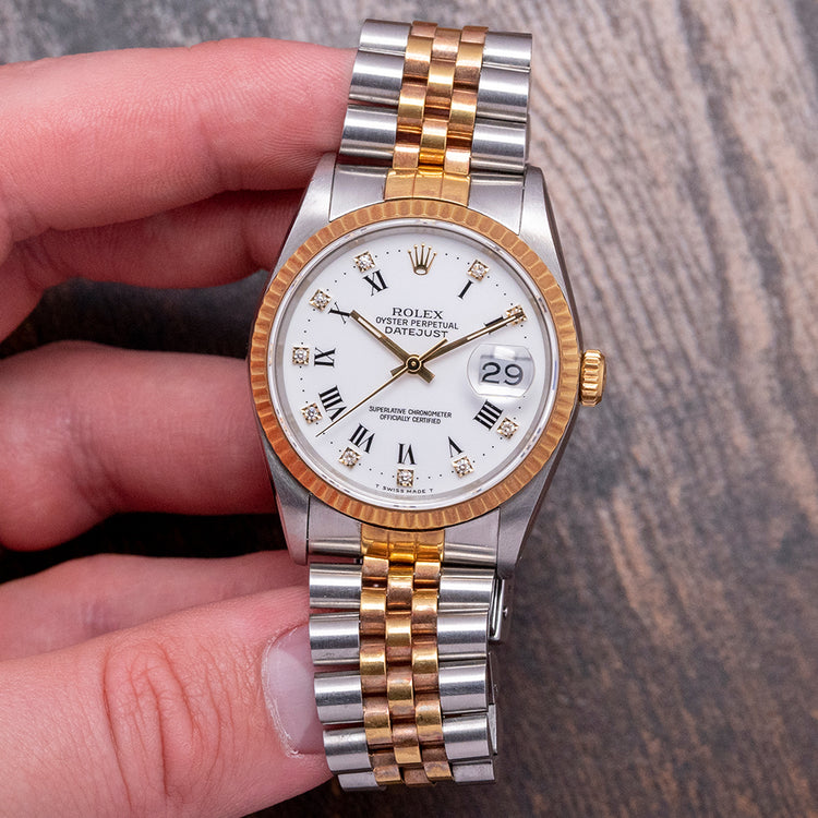1991 Rolex Datejust 36mm White Roman 'Buckley' Diamond Dial 16233