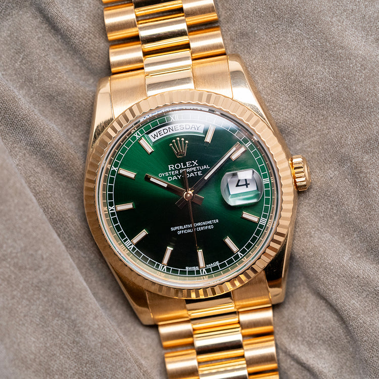 2006 Rolex Day-Date 36mm Yellow Gold 118238 Green Dial