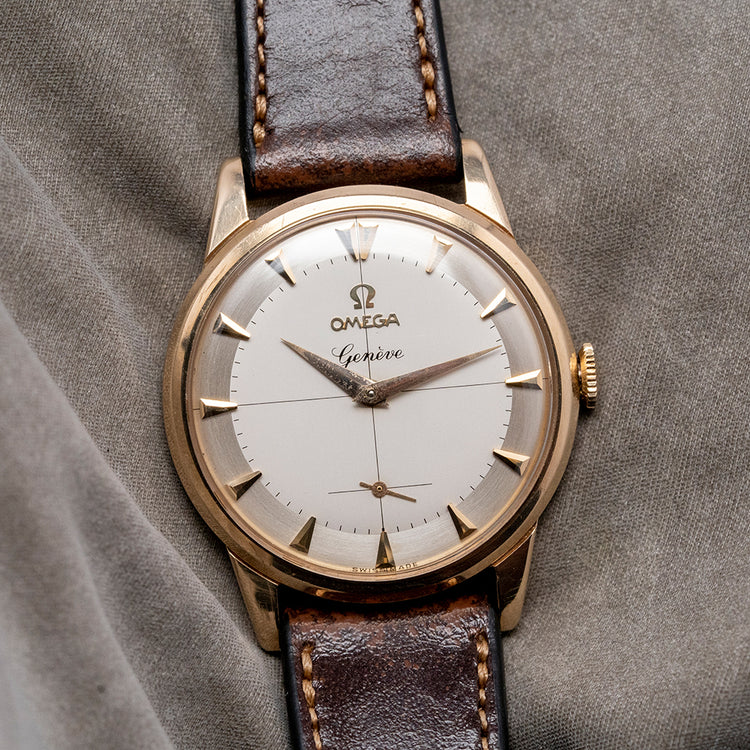 1962 Omega Geneve 9ct Gold Crosshair 34mm 13332 Box & Papers