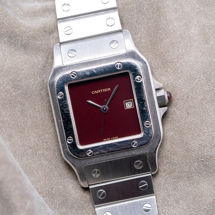 1980s Cartier Santos Carrée Burgundy Lacquer Dial 2960