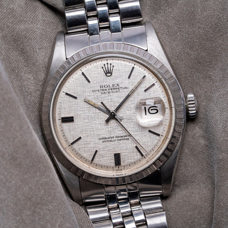 1978 Rolex Datejust 36mm Linen Dial Engine-Turned Bezel 1603