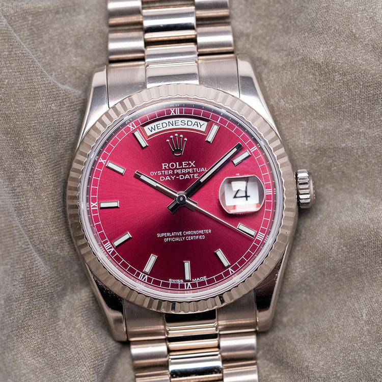 2003 Rolex Day-Date 36mm White Gold 118239 Cherry Red Dial