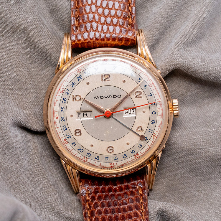 1950s Movado 18ct Pink Gold Triple Calendar Fancy Lugs 34mm