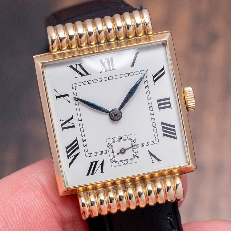 1940s Enamel 14ct Gold Hooded Lugs Anonymous Watch 25x35mm