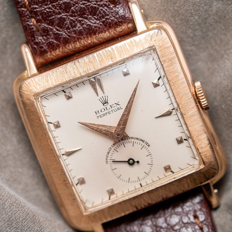 1940s Rolex Perpetual Square 'Bark' Finish 18ct Pink Gold 4643