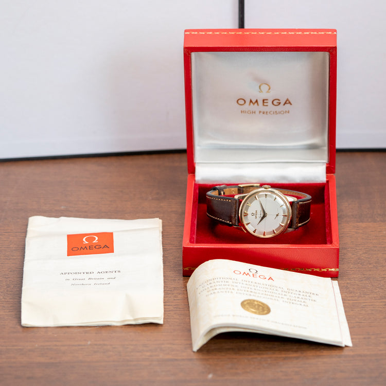 1962 Omega Geneve 9ct Gold Crosshair 34mm 13332 Box & Papers