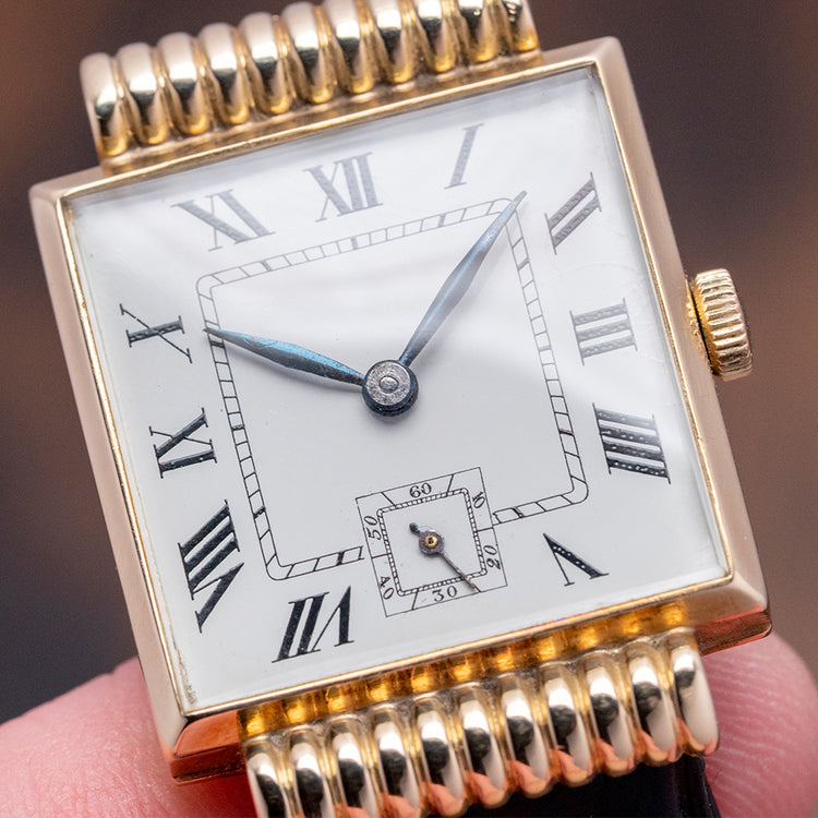 1940s Enamel 14ct Gold Hooded Lugs Anonymous Watch 25x35mm