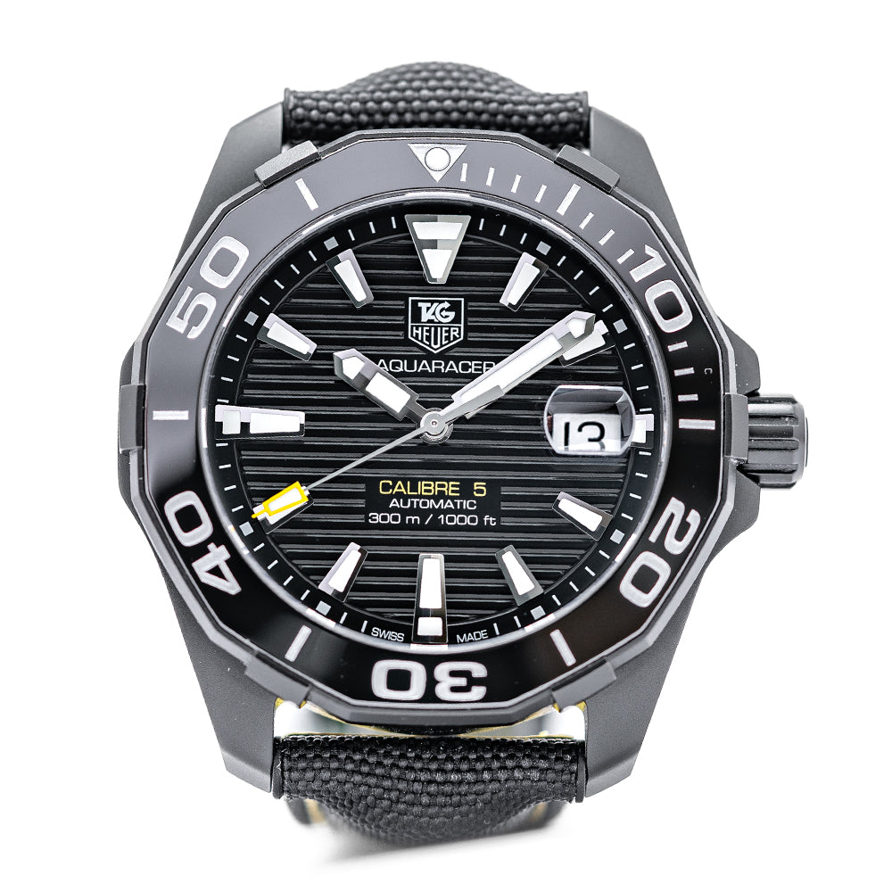 Tag Heuer uomo 41 mm nero acciaio e cinturino in tela di anti Reflective zaffiro orologio automatico WAY218 A.FC6362 Tag Heuer uomo 41 mm nero acciaio e cinturino in tela di anti Reflective zaffiro orologio automatico WAY218 A.FC6362