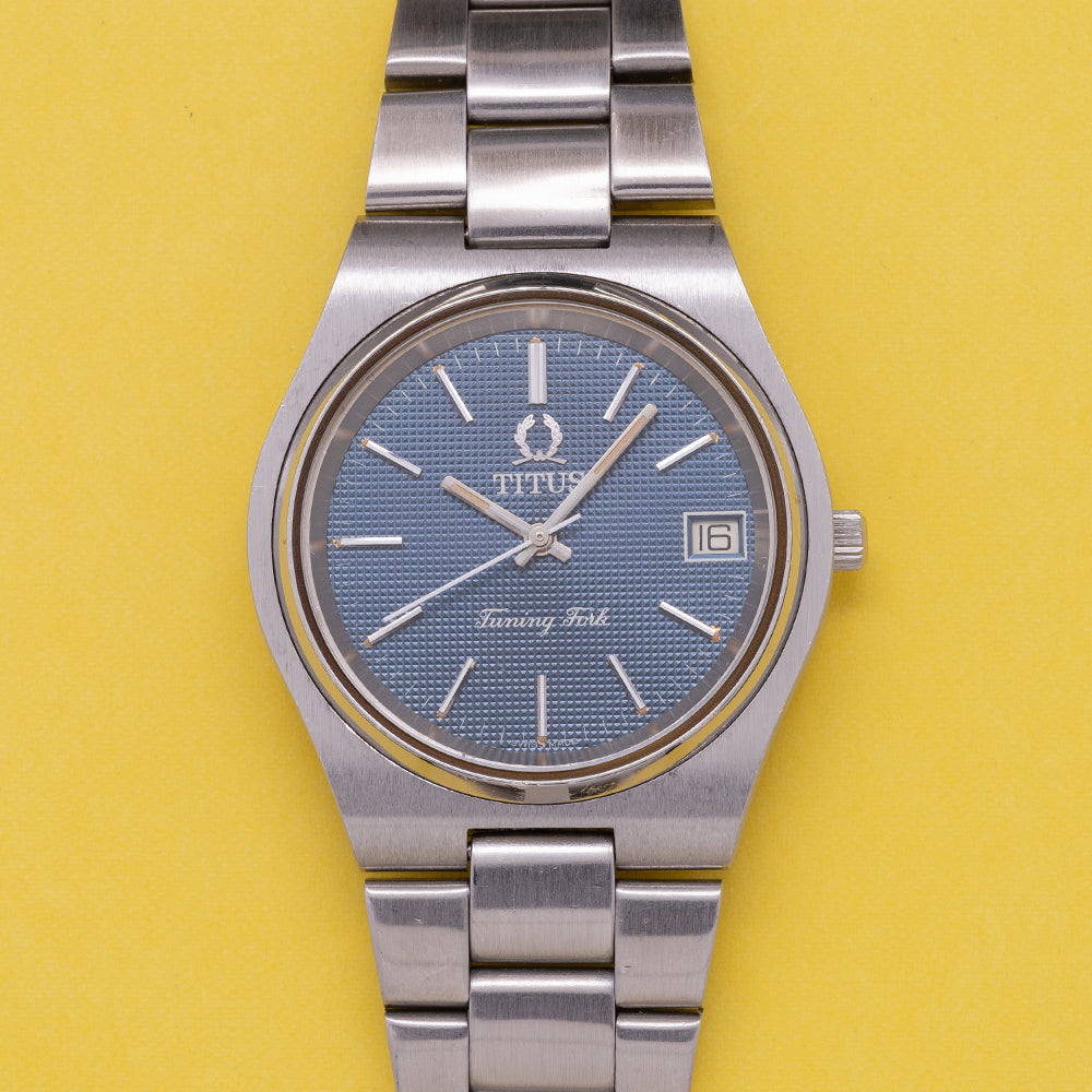 1970s Titus Tuning Fork Blue Dial Integrated Bracelet