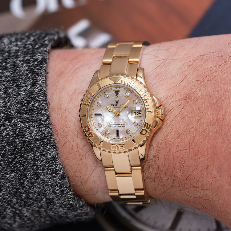 1996 Rolex Ladies Yacht-Master 18ct Gold Mother of Pearl Diamond Dial 69628