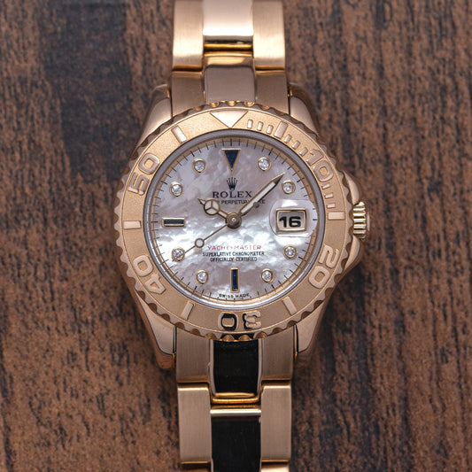 1996 Rolex Ladies Yacht-Master 18ct Gold Mother of Pearl Diamond Dial 69628